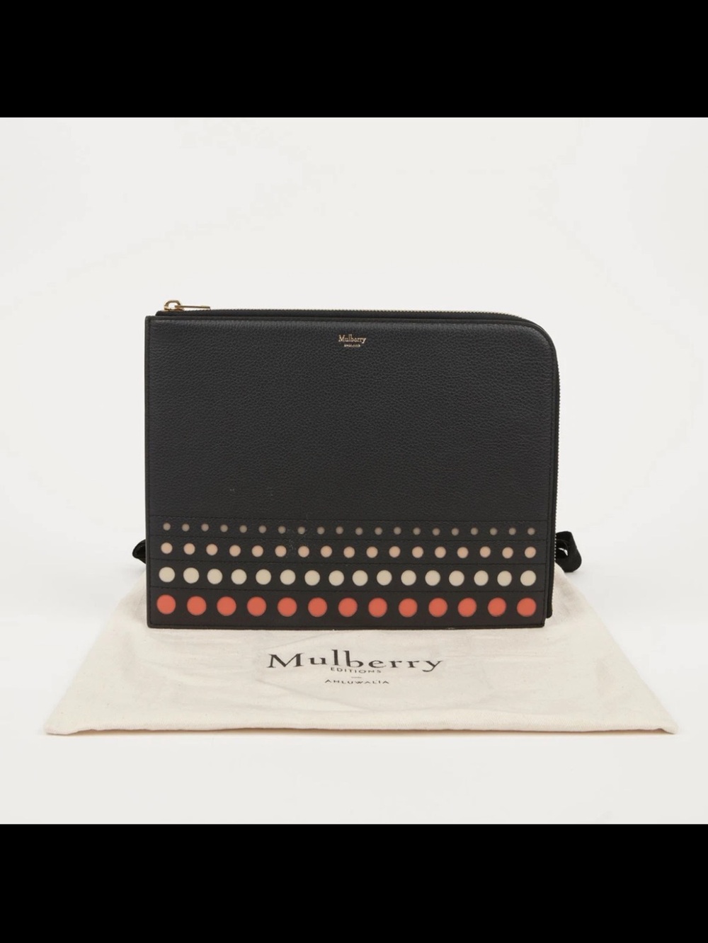 Mulberry Black Leather Clutch with Coral and Cream Dot Accent